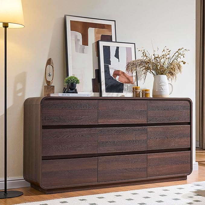 9 Drawer Double Dresser for Bedroom, Modern Curved Wood Chest Drawers of Handleless, Large Storage Dresser Bedroom, Living Room, Entryway, Walnut