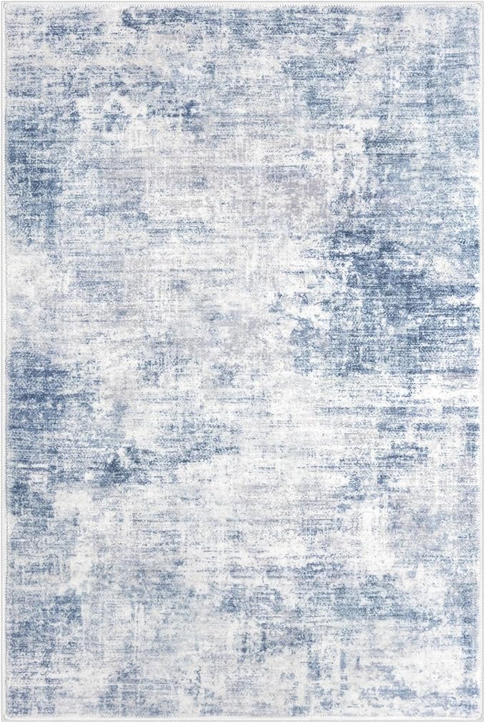 IOHOUZE Abstract Area Rug 3x5 Ft Washable Rugs for Entryway Indoor, Non Slip Kitchen Rug Printed Faux Wool Throw Rugs, Indoor Door Mat for Door Entrance Foyer Living Room, Light Blue White