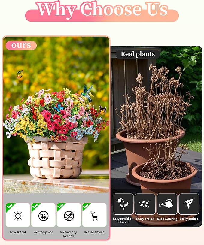Faux Flowers for Outdoor Planters 16 Bundles UV Resistant Artificial Fake Eucalyptus Plants Outside Spring Summer Yard Decor Realistic Silk Daisy Used for Patio,Front Porch,Pots Decoration