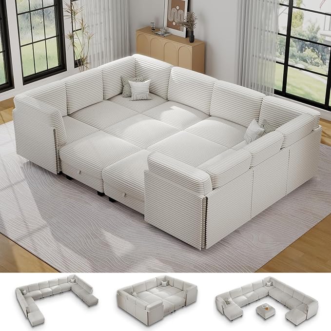 Modular Sectional Sofa with Adjustable Backrest, Large Convertible L/U-Shaped Sleeper Couch for Living Room, Cloud Sofa Bed Modern Reversible Design, White