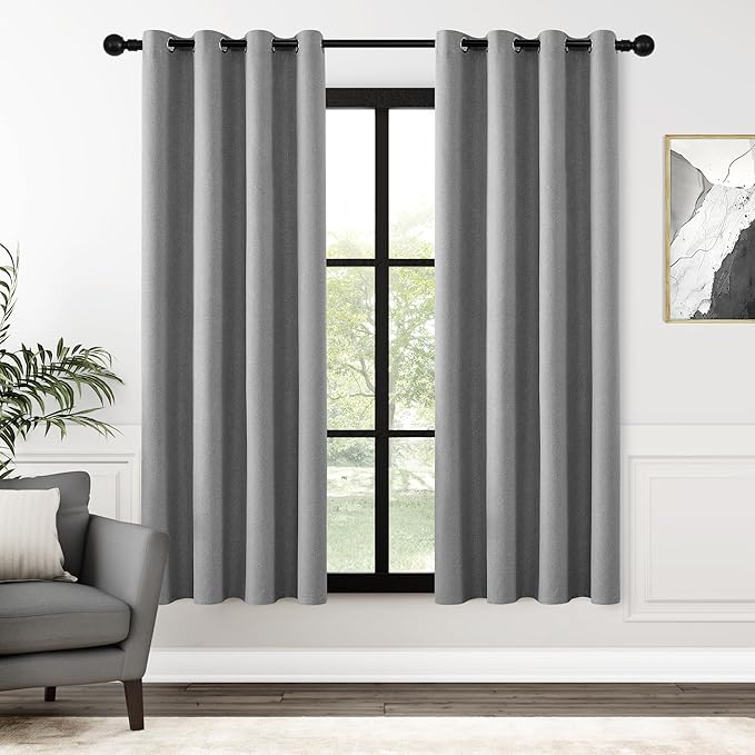 ChrisDowa 100% Blackout Grey Solid Curtains 72 Inches Long 2 Panels for Bedroom Living Room,Farmhouse Room Darkening Thermal Insulated Soundproof Grommet Top Window Treatment Drapes,52x72