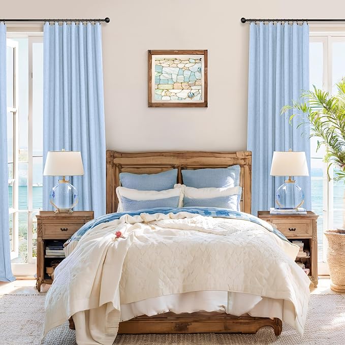 Pitalk Light Blue Curtains for Bedroom 63 Inch Length 2 Panels Linen Blackout Room Darkening Cold Heat Light Blocking Sky Baby Blue Curtains for Kids Room Girls Boys Nursery Breakfast Nook 52x63 Long