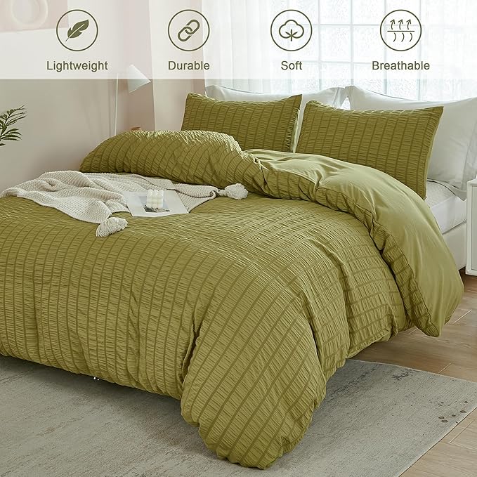 AveLom Olive Green Seersucker Duvet Cover Set Full Size (80 x 90 inches), 3 Pieces (1 Duvet Cover + 2 Pillow Cases), Ultra Soft Washed Microfiber, Textured Duvet Cover with Zipper Closure, Corner Ties
