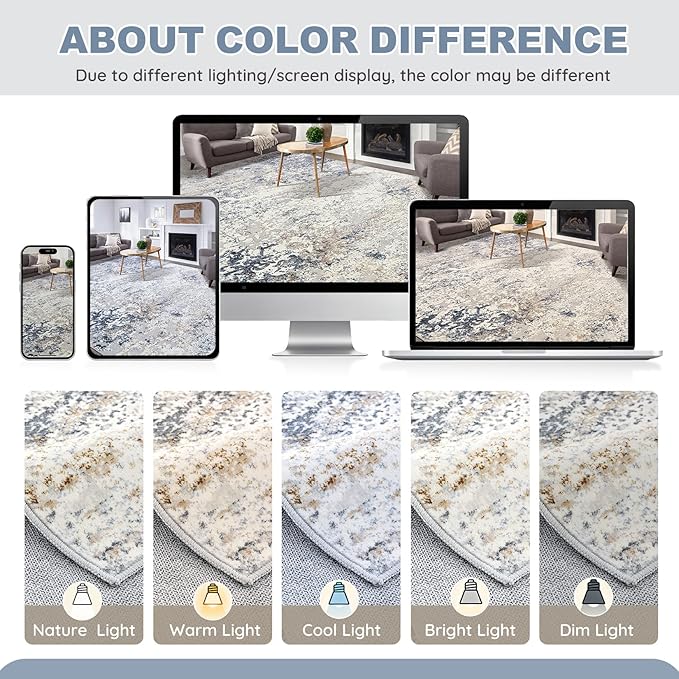 Washable Runner Rug for Hallway: 3x12 Neutral Modern Abstract Low Pile Area Rug with Non-Slip Backing - Carpet for Bedroom Kitchen Laundry Entryway Bathroom Indoor -Beige Blue