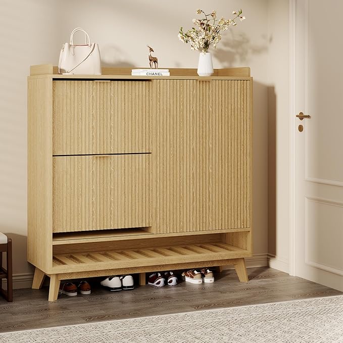 IDEALHOUSE Fluted Shoe Cabinet Storage with 2 Flip Drawers & Sliding Door & Adjustable Shelf Rack，Freestanding Wood Narrow Hidden Shoe Organizer for Entryway, Hallway, Living Room
