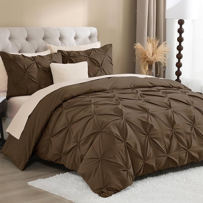 Litanika Brown Queen Pinch Pleat Duvet Cover, 3 Pieces Pintuck Cover Soft Microfiber Bedding Set with Zipper Closure & Corner Ties(90x90Inch-1 Duvet Cover, 2 Pillowcases)