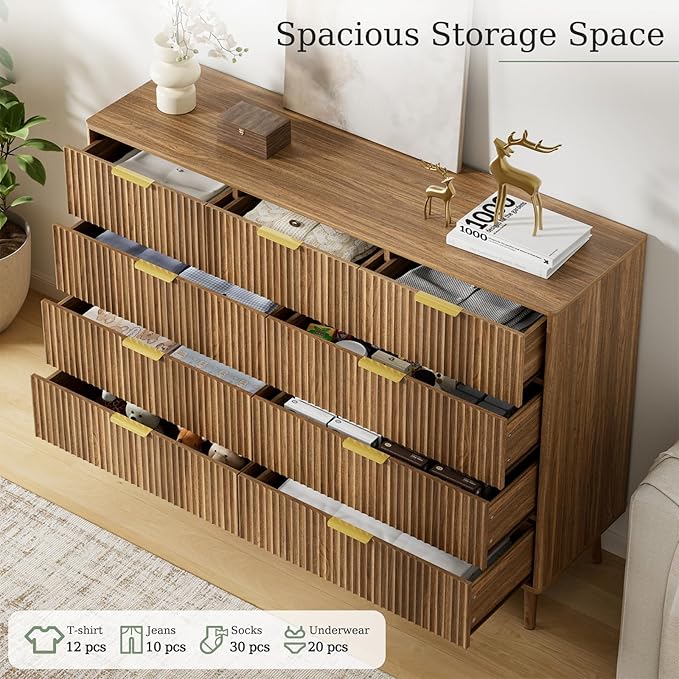 LYNSOM Fluted 9 Drawer Dresser for Bedroom, 55" Wide Modern Chest of Drawers with Curved Profile Design and Metal Handles, Wood Dresser TV Stand & Storage Organizer for Bedroom, Hallway, Walnut