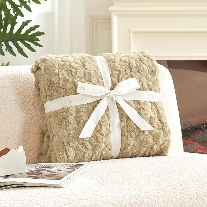 Cozy Bliss Faux Fur Throw Blanket for Couch, Fuzzy Soft Plush Thick Warm Fluffy Reversible Wave Textured Blanket for Sofa Bedroom Living Room, 55 * 70 Inches Khaki