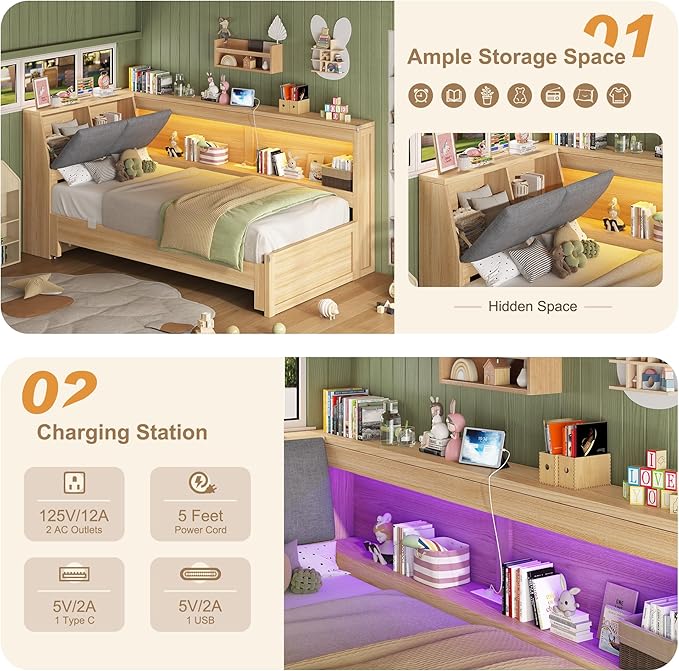 Corner Bed Frame with Extendable Trundle Bed and Bookcase Upholstered Headboard, 3-in-1 Twin Size Wood Daybed with LED Lights and Charging Station, for Bedroom, Guest Room, Natural Oak
