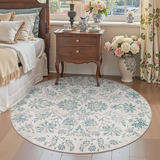 jinchan Torino Classic Floral Round Rug 6ft Vintage-Inspired Design 6’Circle Rug Machine Washable Ultra-Thin Low-Pile Non-Slip Indoor Carpet for Bedroom Dining Room Living Room Entryway