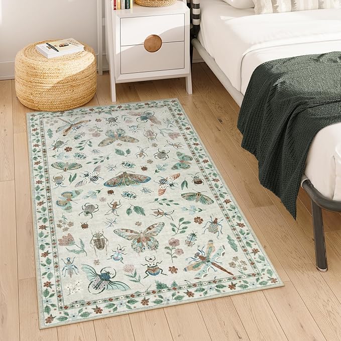 Lahome Insect Machine Washable Rug, 3x5 Rug Non Slip Soft Bedroom Rugs for Entryway Dorm, Ultra-Thin Rugs for Living Room Stain Resistan Throw Carpet for Nursery Entrance, Beige