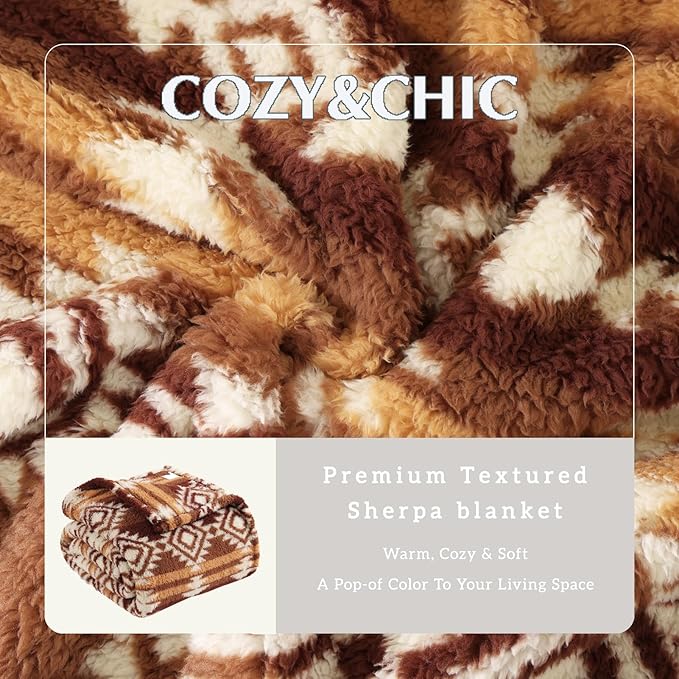 CASAAGUSTO Boho Sherpa Blanket, Aztec Twin Blanket,Ultra Soft, Warm, Cozy, Plush, Thick Fleece Throw Blanket for Couch, Bed, Sofa (Terracotta 60 * 80 Inch)