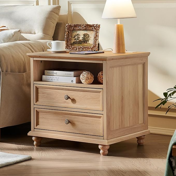 24" Wide Farmhouse Nightstand Set of 2 with Charging Station,End Table with 2 Drawers,Natural Wood Dresser for Bedroom Cabinet, Bed Side Table Chest of Drawers, Night Stand for Living Room