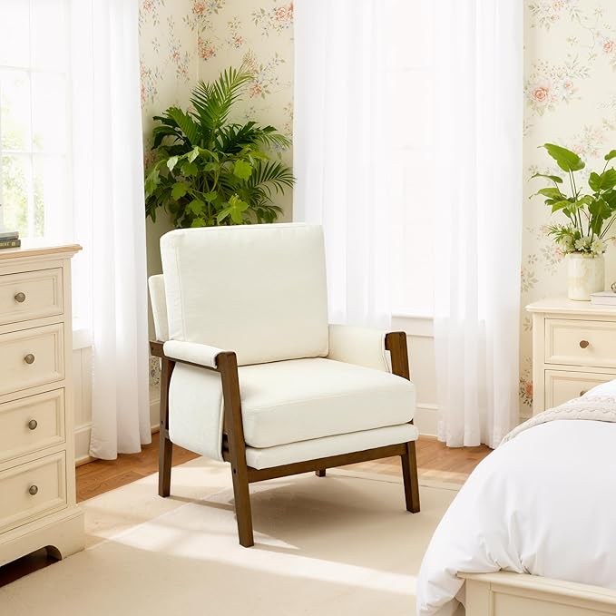 Cream Accent Chair for Bedroom & Living Room, Mid Century Modern Accent Arm Chair, Upholstered Anthropologie Accent Chair with Solid Wood Frame, Fabric