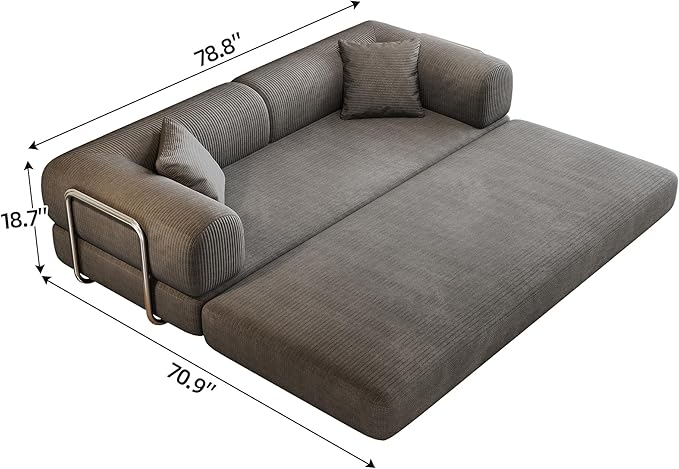 79" Convertible Sofa Bed, Corduroy Folding Pull Out Couch with Pillows, No Assembly Modern Boneless Couch Compression Sofa in Box, Floor Sofa with Support Rods for Living Room,Grey