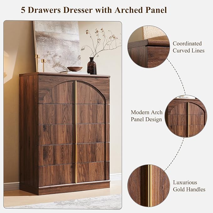 ACCOHOHO Modern 5 Drawers Dresser for Bedroom with Arched Panel,44" Tall Dresser for Closet with Metal Handles,Push-to-Open Wood Storage Closet Dressers Tv Stand for Living Room, Hallway,Brown