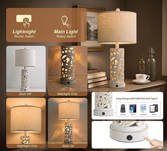 OYEARS 22'' Table Lamp Set of 2 for Living Room,Farmhouse Lamp for for Bedroom,Vintage Retro Bedside Lamps with USB Ports Linen Shade for Home Office (Wash White, Bulb Included)