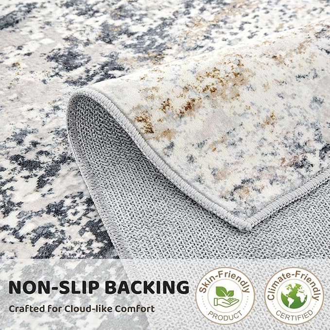 Washable Runner Rug for Hallway: 3x12 Neutral Modern Abstract Low Pile Area Rug with Non-Slip Backing - Carpet for Bedroom Kitchen Laundry Entryway Bathroom Indoor -Beige Blue