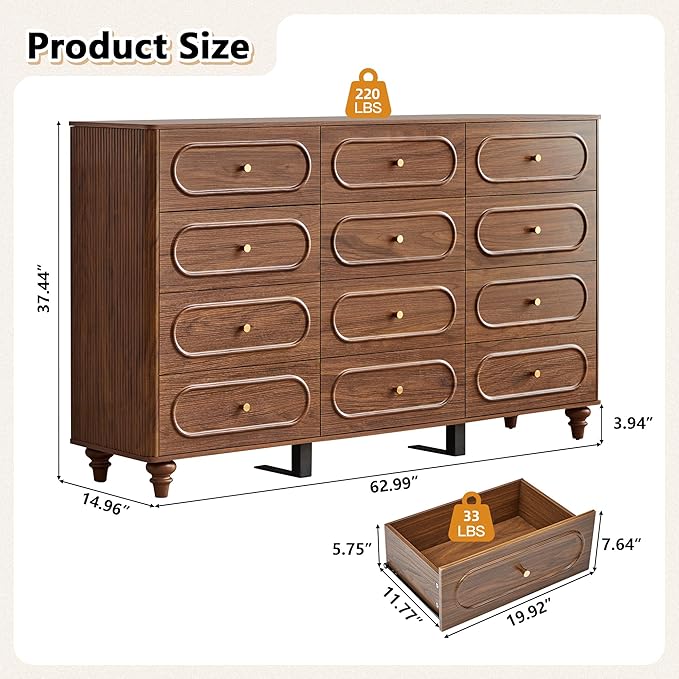 12 Drawer Fluted Dresser for Bedroom, Mid Century Modern Chest of Drawers, Wood Storage Small Dresser Organizer for Bedroom Living Room Hallway Closet, Walnut