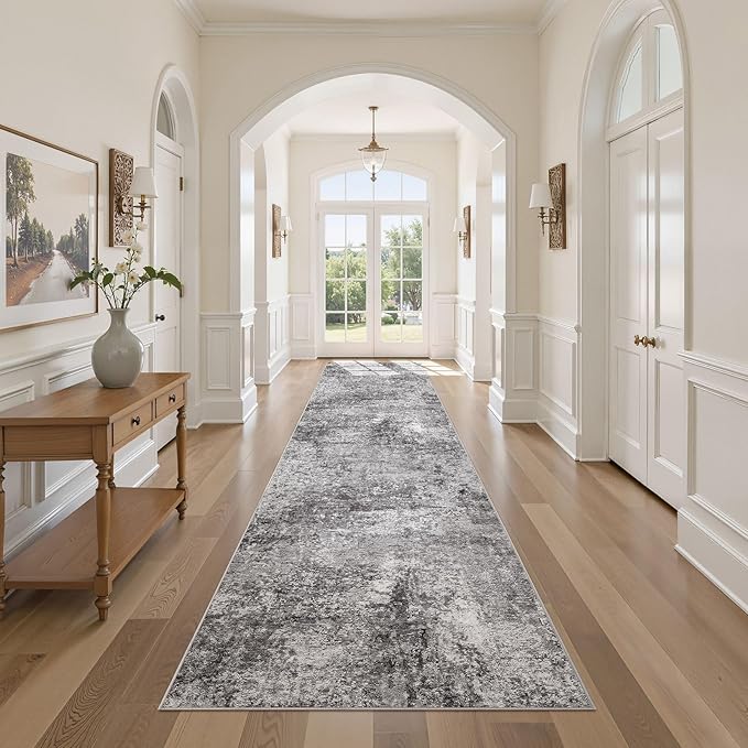 Washable Runner Rug for Hallway: 3x12 Neutral Modern Abstract Low Pile Area Rug with Non-Slip Backing - Carpet for Bedroom Kitchen Laundry Entryway Bathroom Indoor - Grey