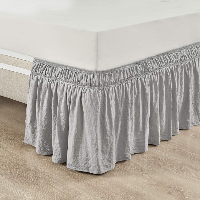 Lush Decor Ruched Ruffle Elastic Easy Wrap Around Bed Skirt Single Queen/King/Cal King Light Gray - Queen Bed Skirt - Dust Ruffle - Gray Bedskirts