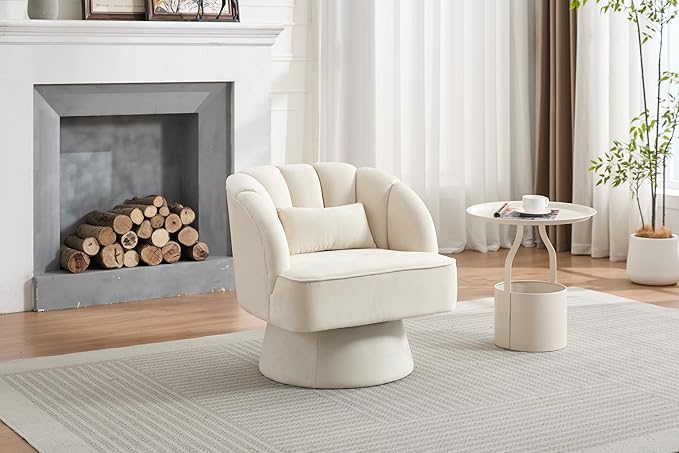 GarveeHome Modern Swivel Barrel Accent Chair, 360 Degree Velvet Upholstered Armchair with Striped Backrest & Plush Padding, Comfy Round Lounge Chair for Living Room, Bedroom, Reading Nook, Beige