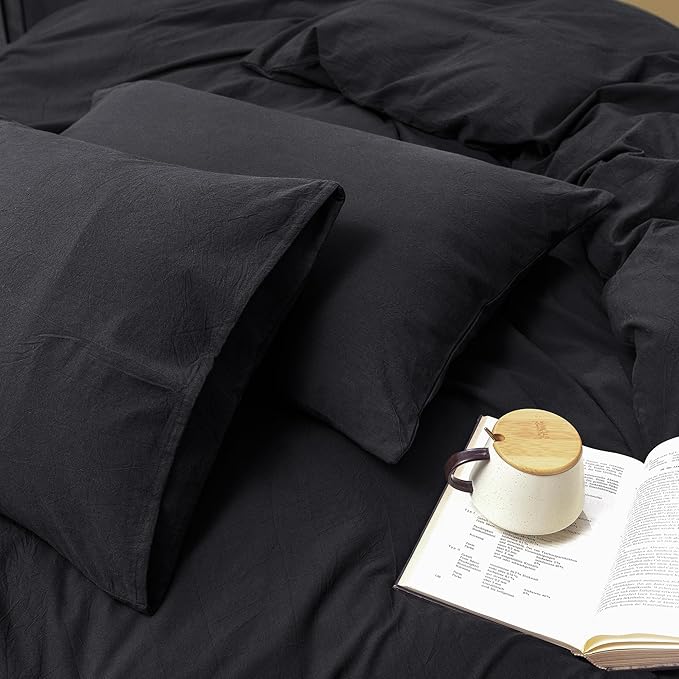 FOSSA Duvet Cover Set 100% Washed Cotton Linen Feel Super Soft Breathable Cozy 3 Pieces Bedding Sets Solid Black Twin/Twin XL
