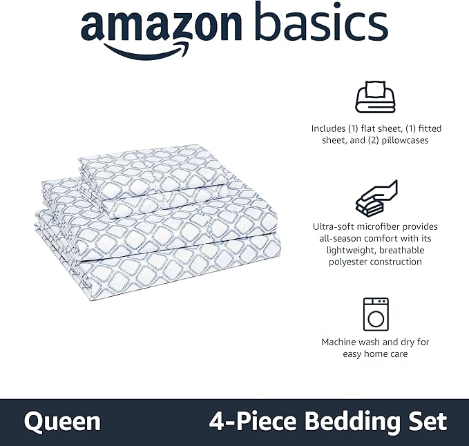 Amazon Basics Lightweight Microfiber 4-Piece Bed Sheet Set, Aqua, Printed, Queen