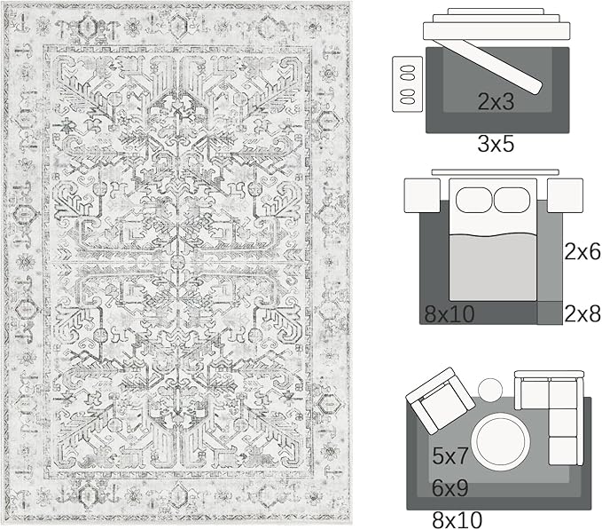 jinchan Lima 2x3 Washable Rug for Entryway - Vintage Floral Ultra-Thin Low Pile Soft Small Non Slip Distressed Indoor Door mat Accent Area Rug for Entrance Kitchen Bathroom Bedroom (2x3ft, Grey)
