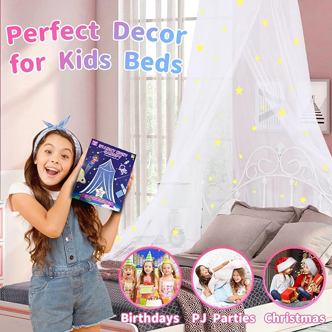South to East Bed Canopy for Girls with Glowing Stars, Princess Canopy Bed Curtains for Kids, Starry Net Canopy for Girls Room Decor, Kids Bed Canopy for Single, Twin, Full, Queen Size Bed