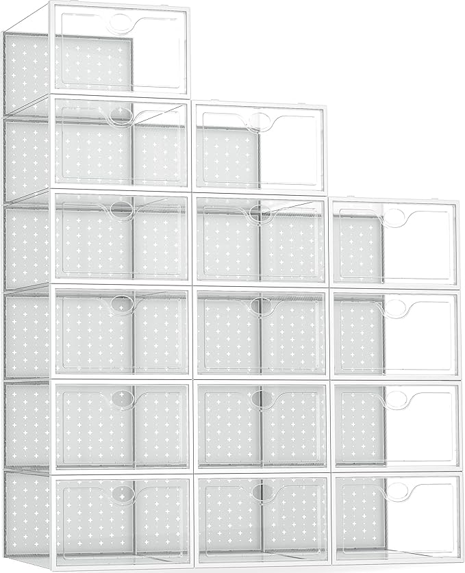 Pinkpum 15 Pack X-Large Shoe Storage Boxes Fit US Size 11, Shoe Organizer for Closet Clear Plastic Stackable Shoe Dispaly Case Holder Bins, Sneaker Storage for Sneakerheads White for Home and Family