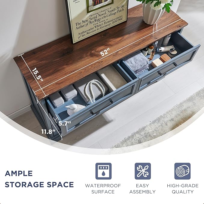 JXQTLINGMU Farmhouse 6 Drawers Dresser for Bedroom, 52'' Wide Large Wood Dressers with Bar Handles, Chests of Drawers with Storage Dressers Organizer for Bedroom, Hallway, Blue