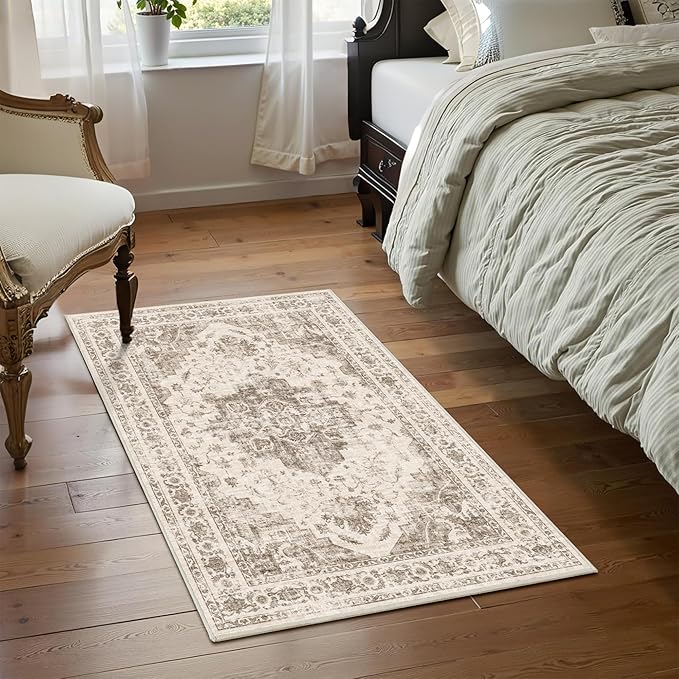 2x3 Vintage Washable Area Rugs for Entryway Soft Non-Slip Bath Mat Boho Medallion Distressed Retro Accent Carpet Floral Low Pile Indoor Throw Rug for Kitchen Laundry Living Room Bedroom, Taupe