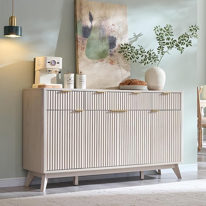 OKD Fluted Storage Cabinet with Drawers, 60" Morden Buffet Sideboard Coffee Bar Cabinet with 4 Doors and 3 Drawers for Dining Room, Living Room,Hallway (White Alder)