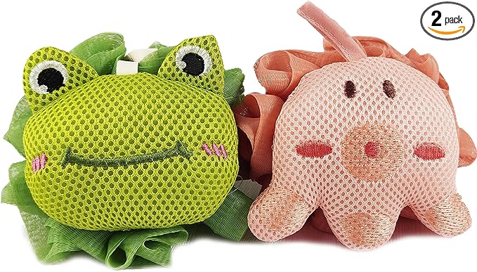 Shower Loofah Sponges for Kids,Cute Frog and Octopus Shape Toddler Bath Exfoliating Body Scrubber Mesh Loofahs Sponge[2 Pack],Designed for Baby Women Boys and Girl
