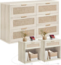 LEYAOYAO Rattan Dresser and Nightstand Sets 3 Piece, Boho Wood Dresser for Bedroom with 6 Drawers and Night Stand with Charging Station, Bedroom Furniture, Dressers & Chests of Drawers, Living Room