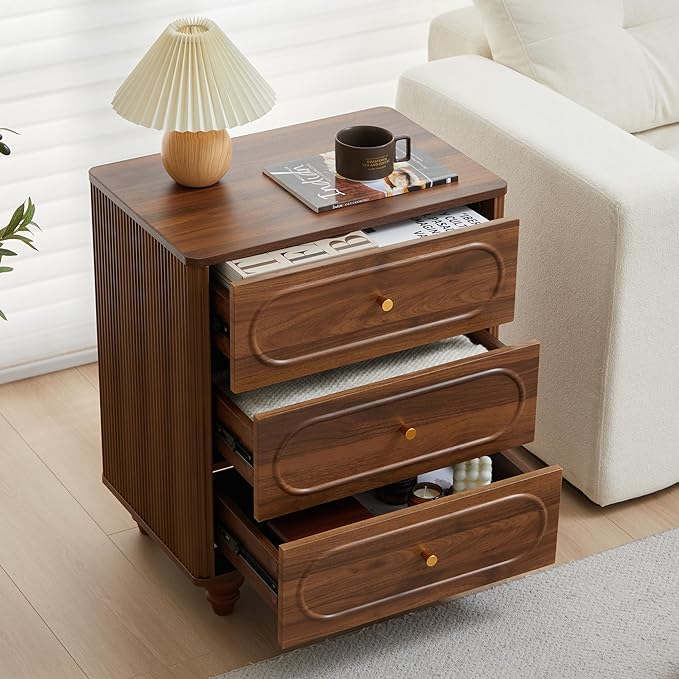 3 Drawer Fluted Dresser for Bedroom Set of 2, Mid Century Modern Chest of Drawers, Wood Storage Small Dresser Organizer for Bedroom Living Room Hallway Closet, Walnut