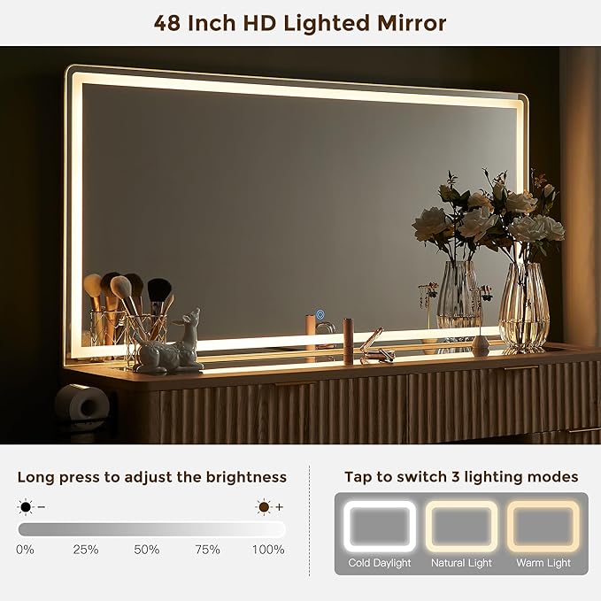 T4TREAM 48" Fluted Makeup Vanity Desk with Large Led Lighted Mirror, Modern Vanity Table with 8 Drawers & Charging Station, Glass Top Dressing Table for Bedroom, Natural Oak