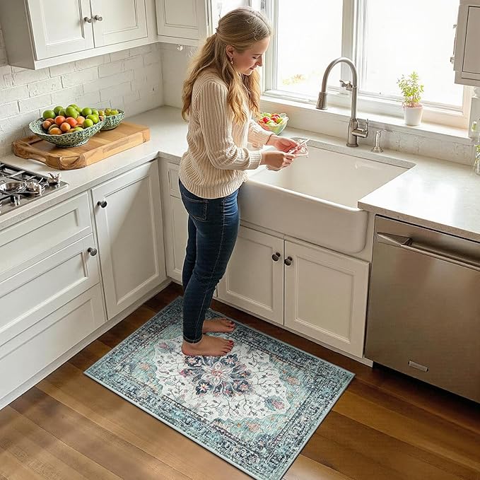Area Rugs 2'x3' Washable Non-Slip, Floral Vintage Distress Print Pattern Medallion Carpet for Living Room Bedroom Dining Room, Green Navy Blue White Red Teal Colorful
