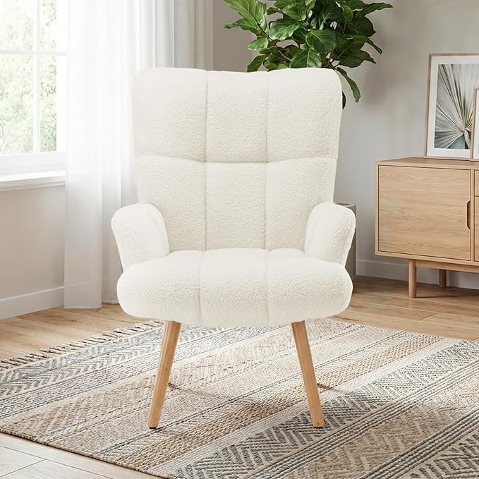 Joysoul Modern Accent Chair, High Back Arm Chair with Wood Legs Sofa Seat Teddy Fleece Fabric Reading Chair for Living Room Bedroom Waiting Room (White)