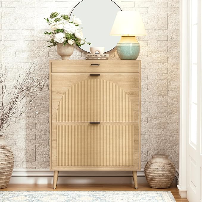 Yechen Shoe Storage Cabinet with 2 Flip Drawers& 1 Small Drawer, Slim Entryway Shoe Organizer with Fluted Wavy Doors for Hallway,Natural Oak