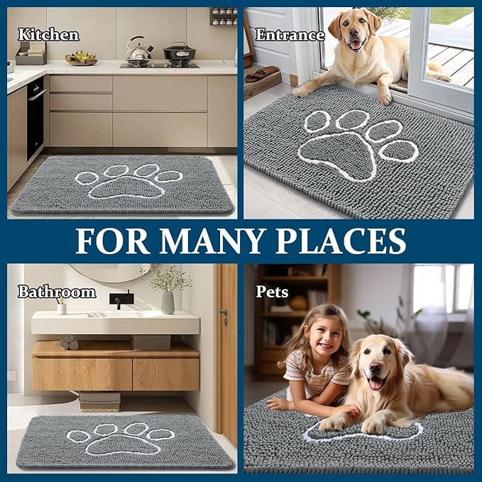 OLANLY Dog Door Mat for Muddy Paws 48x30, Paw Print Design, Absorbs Moisture and Dirt, Absorbent Non-Slip Washable Doormat, Quick Dry Chenille Mud Mat, Entry Indoor Entryway Carpet, Grey and White