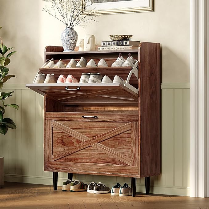 VINGLI Shoe Storage Cabinet for Entryway with 2 Flip Drawers, Ultra Slim Freestanding Entryway Shoe Organizer with Wood Tapered Legs,Hidden Closed Shoe Rack,31.6" W * 9.4" D * 39.4" H, Walnut