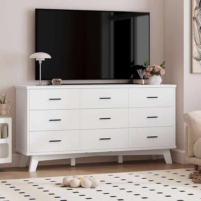Dresser for Bedroom, 9 Drawer Wide Modern Chest of Drawers with X-Shaped Sturdy Base, Wood Double Dresser Closet Clothes Storage Organizer, Wooden TV Stand for Living Room, Hallway, White