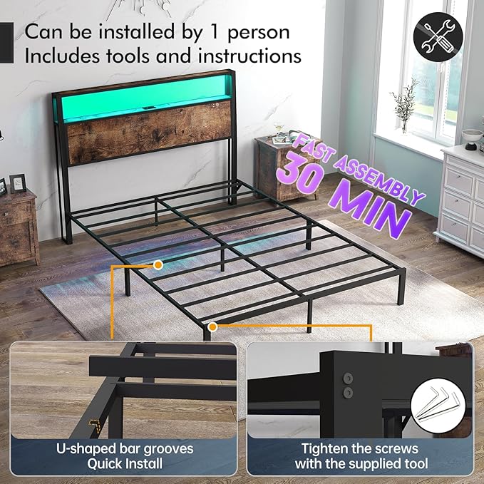 Queen Size Bed Frame with 2-Tier Storage Headboard with Charging Station and 12 Color LED Lights,2 Tier Solid Wood Headboard Storage,Noise Free, No Box Spring Needed/Remote Control/Vintage Brown
