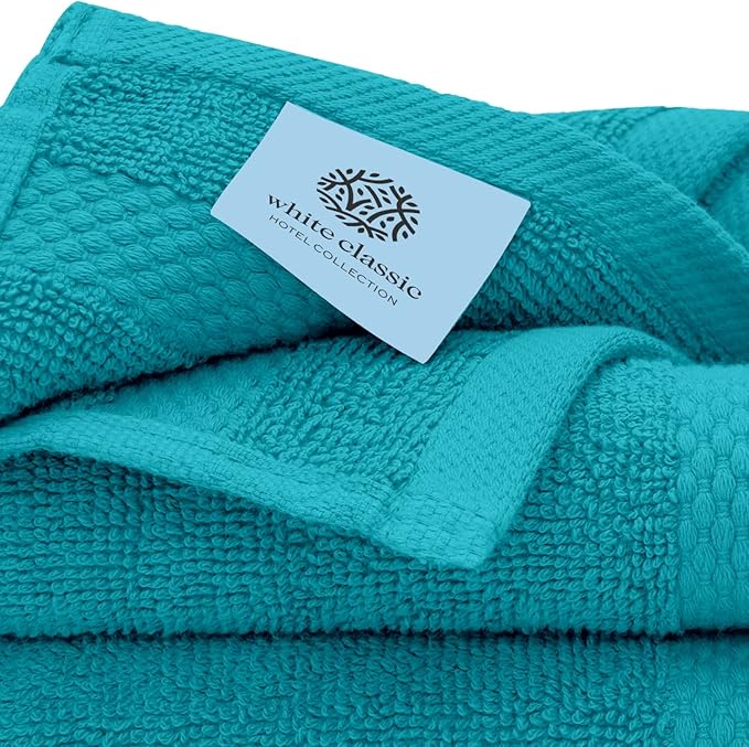 White Classic Luxury Cotton Washcloths 13x13 Inch - 650 GSM Turkish Cotton | Hotel, Spa, Bathroom Face Towel | 12 Pack, Aqua
