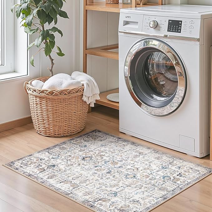 jinchan Kalen Area Rug 2x3 Washable Entryway Rug Vintage Doormat Indoor Entrance Lightweight Thin Retro Distressed Door Mat Floral Print Country Boho Non Slip Carpet for Bathroom Kitchen Bedroom Blue