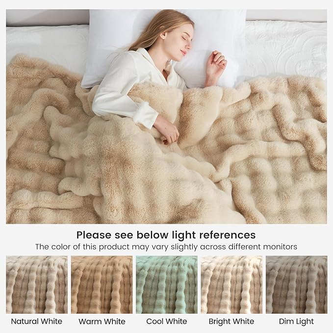 Cozy Bliss Faux Fur Throw Blanket for Couch, Bubble Plush Blanket Queen Size, Fuzzy Soft & Thick Blanket for Bed Sofa Living Room, 90x90 Inches Beige
