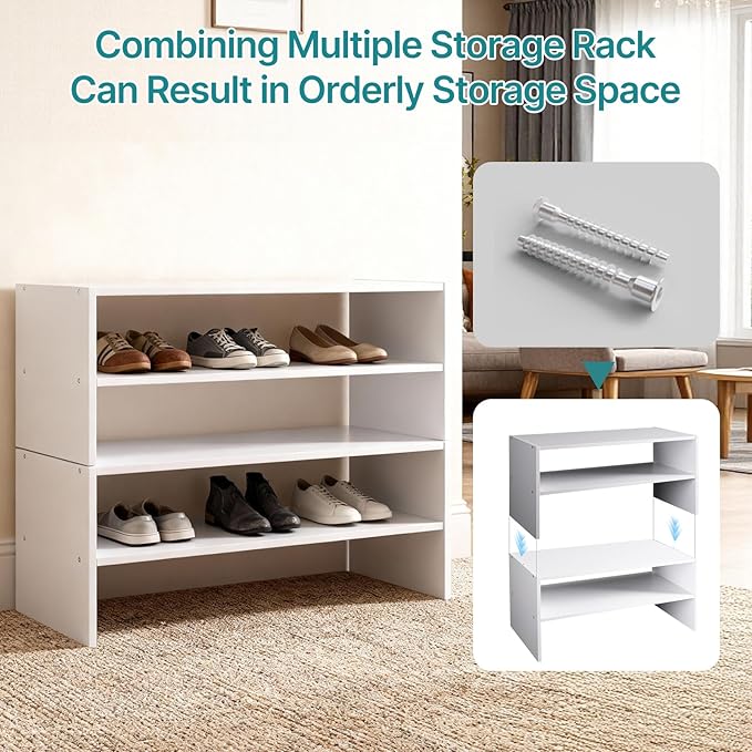 DUMOS 24 Inch Stackable White Shoe Rack, 2-Tier Wooden Storage Benches Organizer, Freestanding Entryway Bench for 6-9 Pairs Shoes, for Entryway, Office, Bathroom Use, White