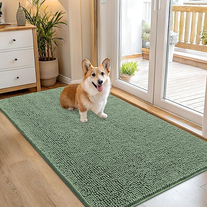 OLANLY Dog Door Mat for Muddy Paws 54x32, Absorbs Moisture and Dirt, Absorbent Non-Slip Washable Doormat, Quick Dry Chenille Mud Mat, Entry Indoor Entryway Carpet for Inside Floor, Olive Green